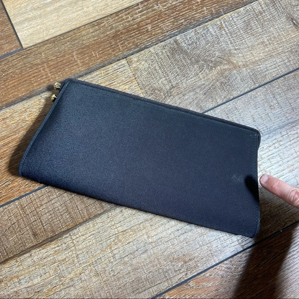 Vintage Satin Black and Gold Kiss Lock Clutch with Interior Coin Pouch